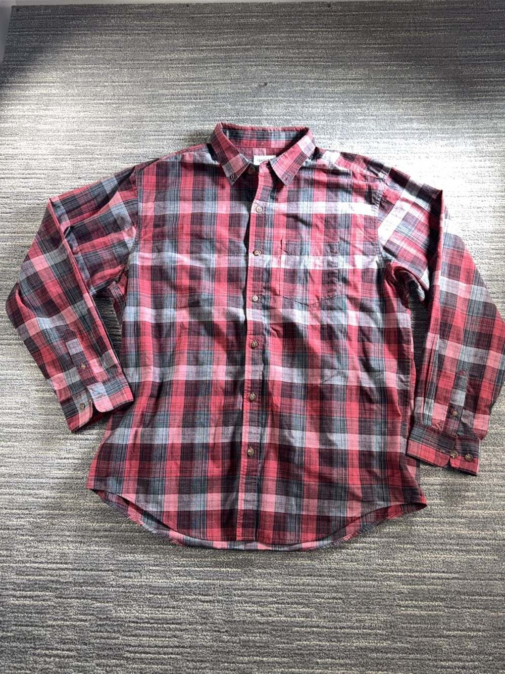 Haggar Men's Red and Black Plaid Button Down Shirt Size XL